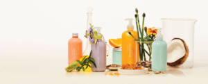 function of beauty bottles and greenery